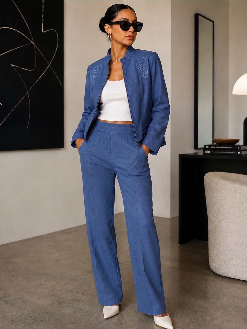 Draper’s & Damon’s Blue Faux Suede 2-Piece Pantsuit Set